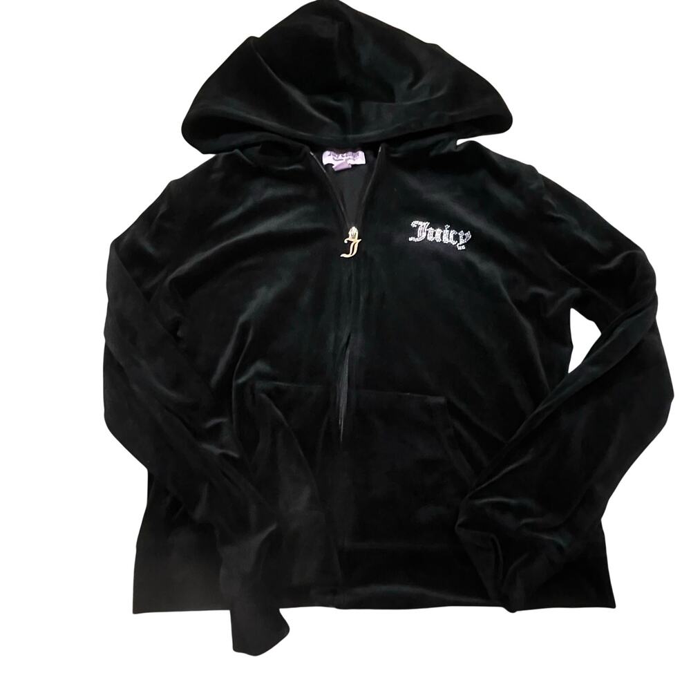 Juicy Couture Velour Zip Hoodie Women M Black Rhinestone Y2K J Ziper Pull